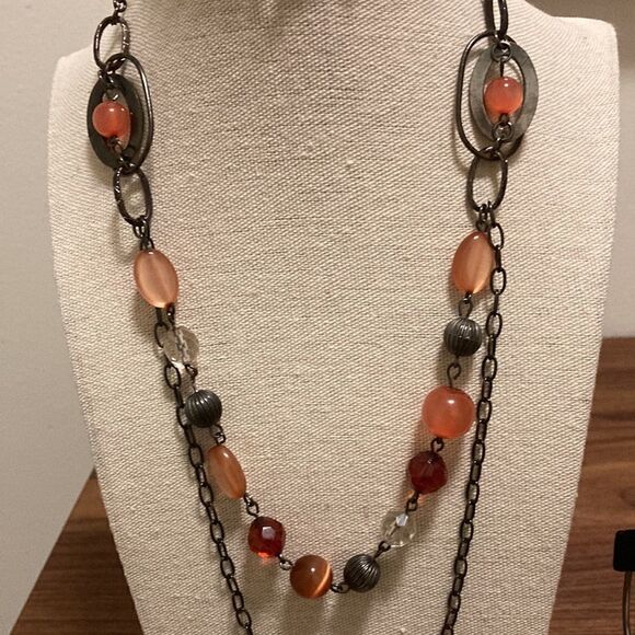 Set of 2 items. Glass Beaded Dual Layered Necklace & Matching Hoop Earrings. - Picture 2 of 5